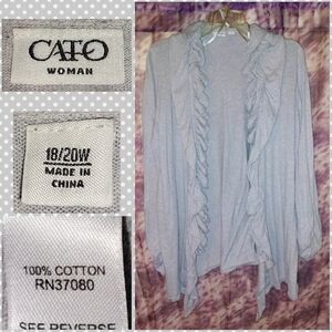 Cato brand Heather Gray Knit Ruffled Soft Knit 100% Cotton Cardigan Sz 18/20W